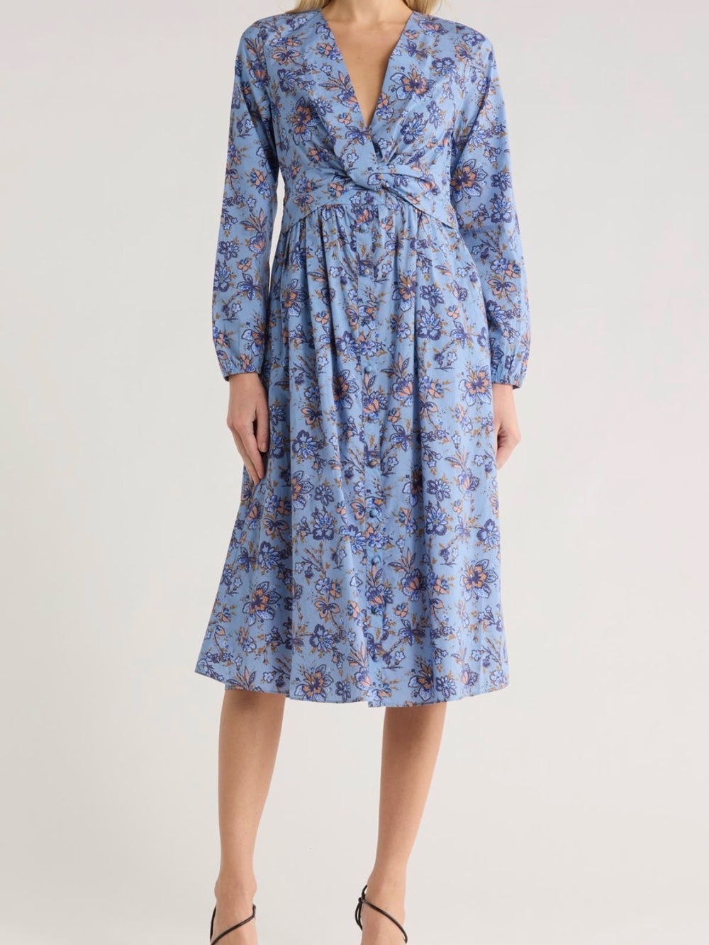 Blue Floral V-Neck Long Sleeve Midi Dress